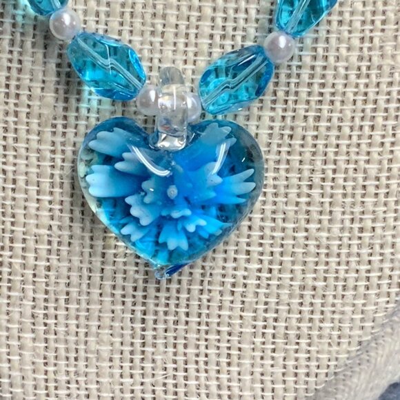 Glass Heart Pendant Necklace 18 In Pearl Turquoise Blue Silver Mermaid Flower - Picture 9 of 9